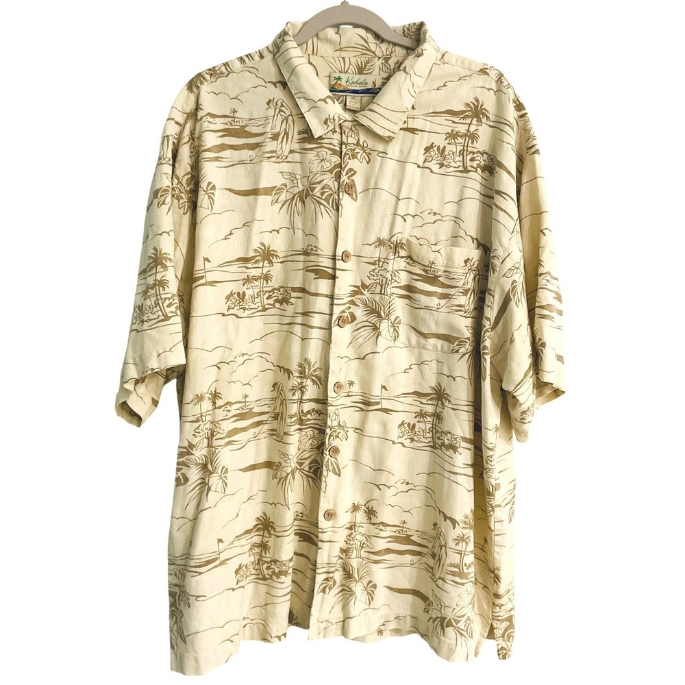 KAHALA Hawaiian mens shirt 100% SILK jacquard tropical GOLF print resortwear 2X